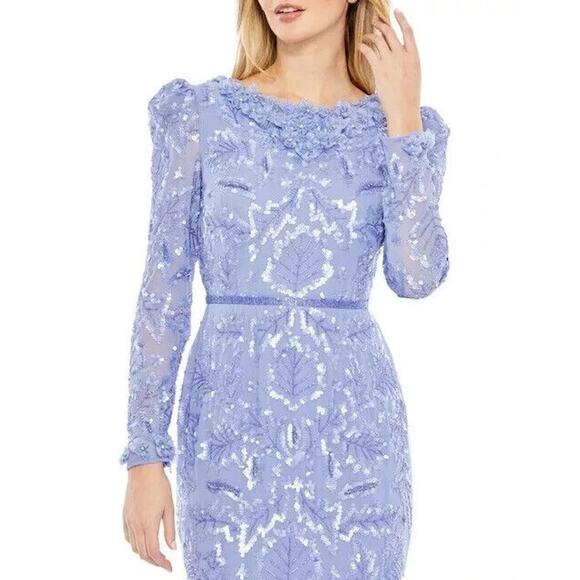 NWT Mac Duggal Fitted Dress Embellished High Neck Puff Sleeve Periwinkle Size 14 - Picture 2 of 7